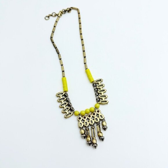 J. Crew Gold Tone Yellow & Gray Tribal Style Statement Necklace - Picture 6 of 7